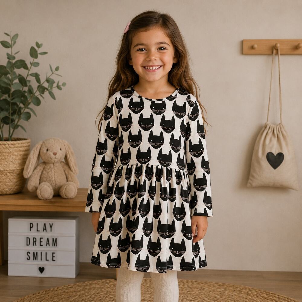 Pink Chicken White Black Cat Print Fit & Flare Knit Dress 5
